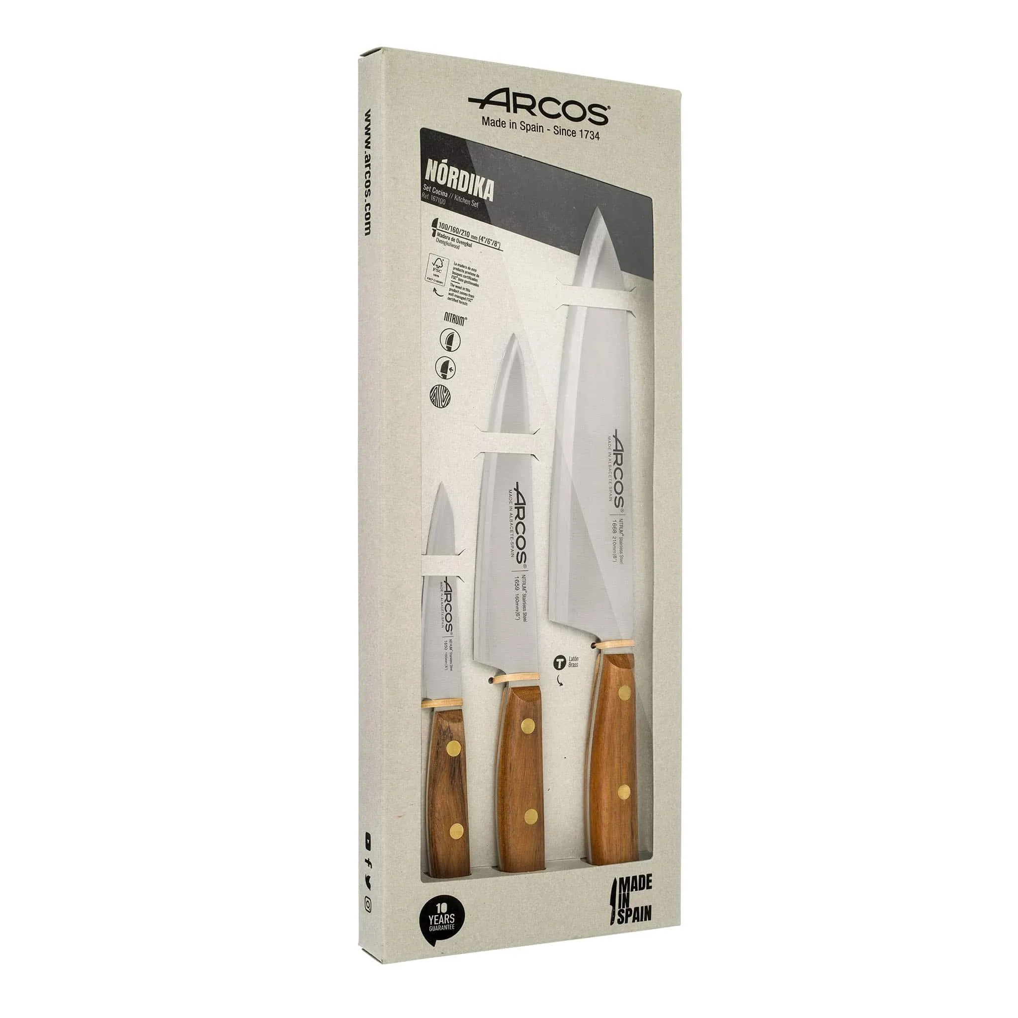 ARCOS Nordika Series 3-Piece Professional Knife Set - High Precision Nitrum Stainless Steel Blades, FSC-Certified. 100% Natural Ovengkol Wood Handles