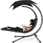 Best Choice Products Hanging Curved Chaise Lounge Chair Swing for Backyard, Patio w/ Pillow, Shade, Stand - Black