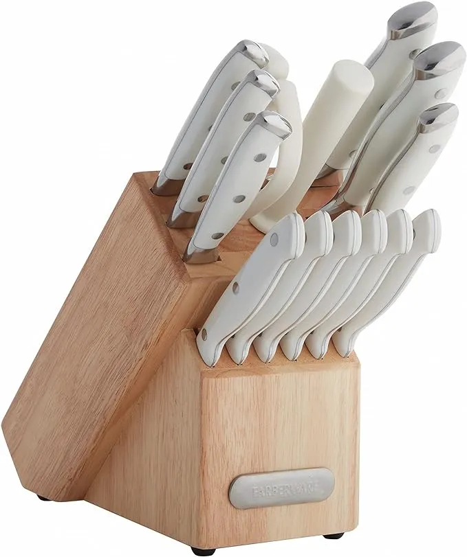 Farberware 15-Piece Forged Triple Rivet Knife Block Set, Razor-Sharp Kitchen Knife Set with Wood Block, High-Carbon Stainless Steel, White