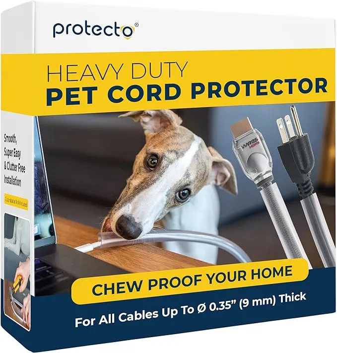 PROTECTO Heavy Duty Cord Protectors from Pets No Chew Solution, 10ft Easy to Use Dog & Cat Cord Protector, Clear & Odorless Critter Cord Covers for Pets, Power Audio & Video Wire Protector Tubing