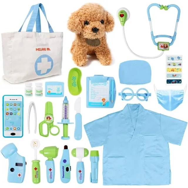 Meland Toy Doctor Kit for Kids - Pretend Play Doctor Set with Dog Toy, Carrying Bag, Stethoscope Toy & Dress Up Costume - Doctor Play Gift for Kids Toddlers Ages 3 4 5 6 Year Old for Role Play