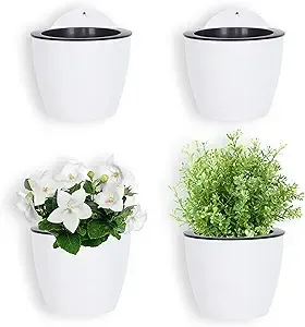 MyGift 7.5 Inch Wall Mounted White Plastic Hanging Self Watering Planter Pot, Small Flower Cactus Herbs Plant Container Wall Planter Set of 4