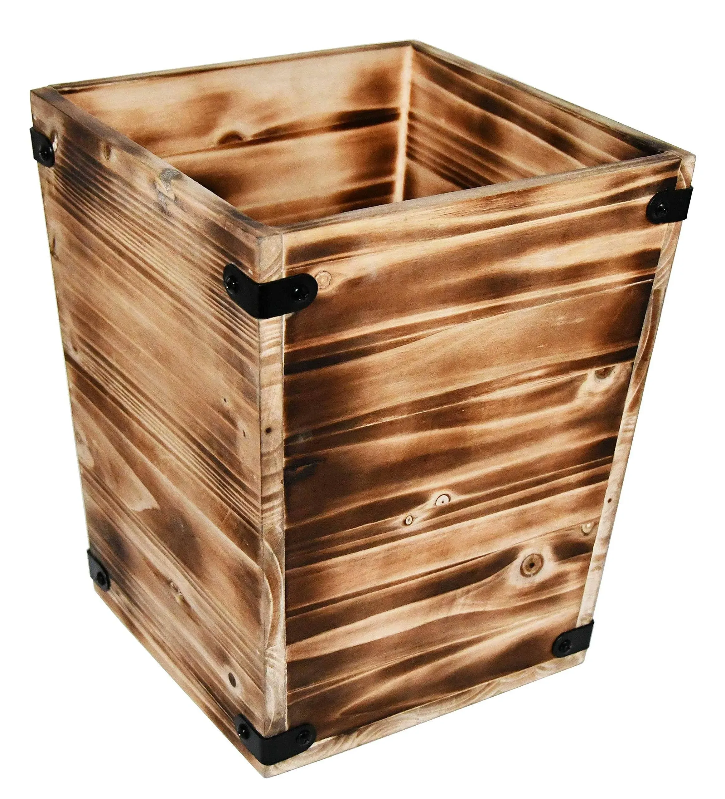 Owlgift Decorative Rustic Burnt Wood Trash Can, Farmhouse Stylish Wooden Waste Basket Near Desk, Square Garbage Cans Trashcan with Metal Brackets for Office, Bedroom & Bathroom