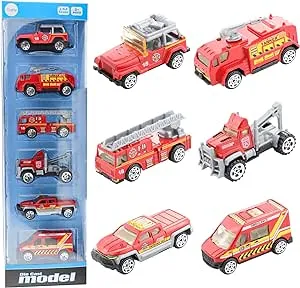 6Pcs Mini Die Cast Car 1/64 Scale Alloy Fire Truck Vehicle Metal Model Toy Set, Ladder Truck, Water Tower Truck, Ambulance, Transport Car, Patrol Car, Model Toys for Boys Girls