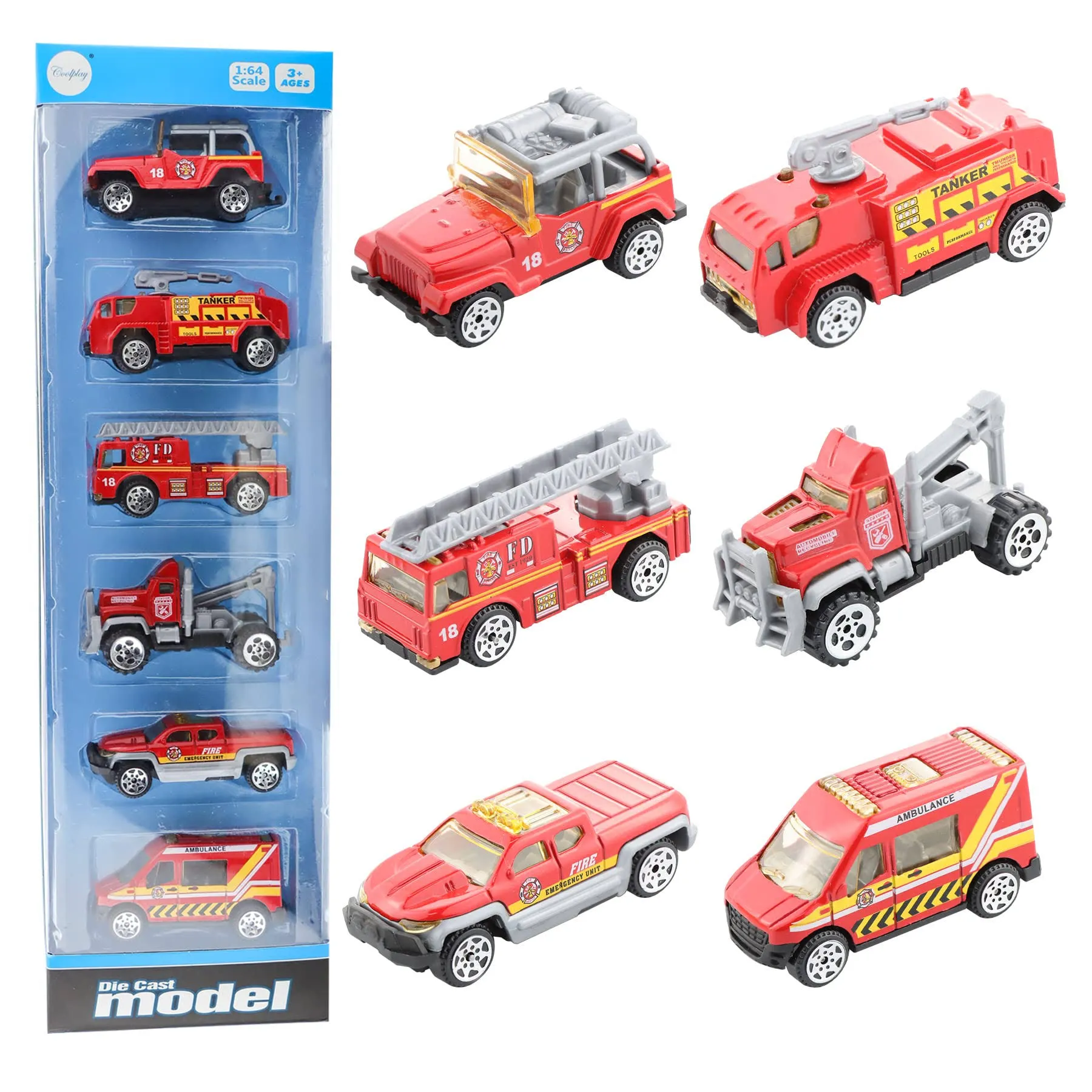 6Pcs Mini Die Cast Car 1/64 Scale Alloy Fire Truck Vehicle Metal Model Toy Set, Ladder Truck, Water Tower Truck, Ambulance, Transport Car, Patrol Car, Model Toys for Boys Girls