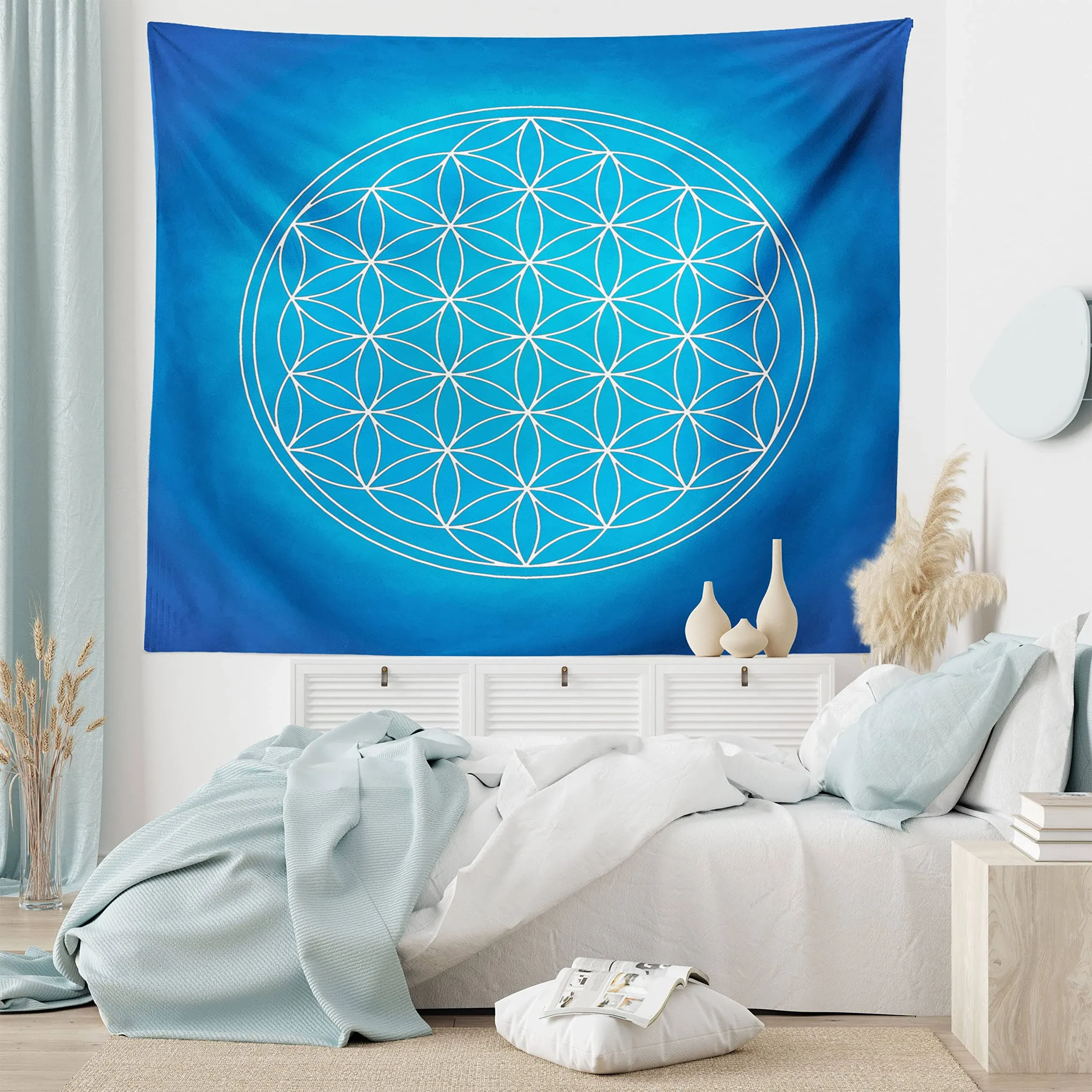 Ambesonne Geometry Tapestry, Flower of Life Grid Pattern Consisting of Types Overlapping Circles Theme, Wide Wall Hanging for Bedroom Living Room Dorm, 60" X 40", Blue White