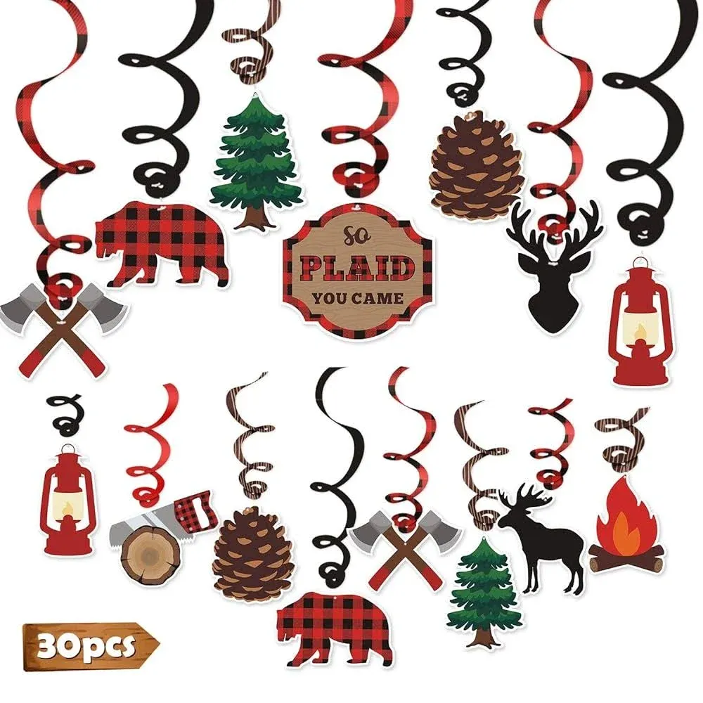 Levfla 30CT Lumberjack Party Hanging Swirls Decoration Buffalo Plaid Kids Birthday Photo Props Camping Ideas Bears Cutouts S'More Fun Door Whirls Signs Baby Shower Favor Supplies