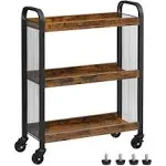 VASAGLE 3-Tier Narrow Storage Cart, Rolling Cart with Wheels, Steel Frame, Slim Storage Cart for Kitchen, Dining Room, Laundry Room, Adjustable Feet Included, Industrial Style, Rustic Brown and Black