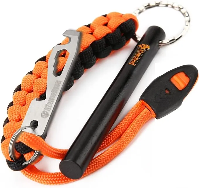 Fire Starter Survival Tool - Flint and Steel Fire Starter with Paracord, Emergency Whistle, Tinder and Waterproof Container to Start Campfires in Wilderness - Essential Hiking Gear