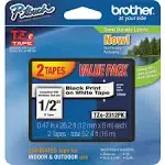 NIP 2 PACK BROTHER TZe-231 12mm 1/2&#034; LABEL CASSETTE  BLACK PRINT WHITE TAPE