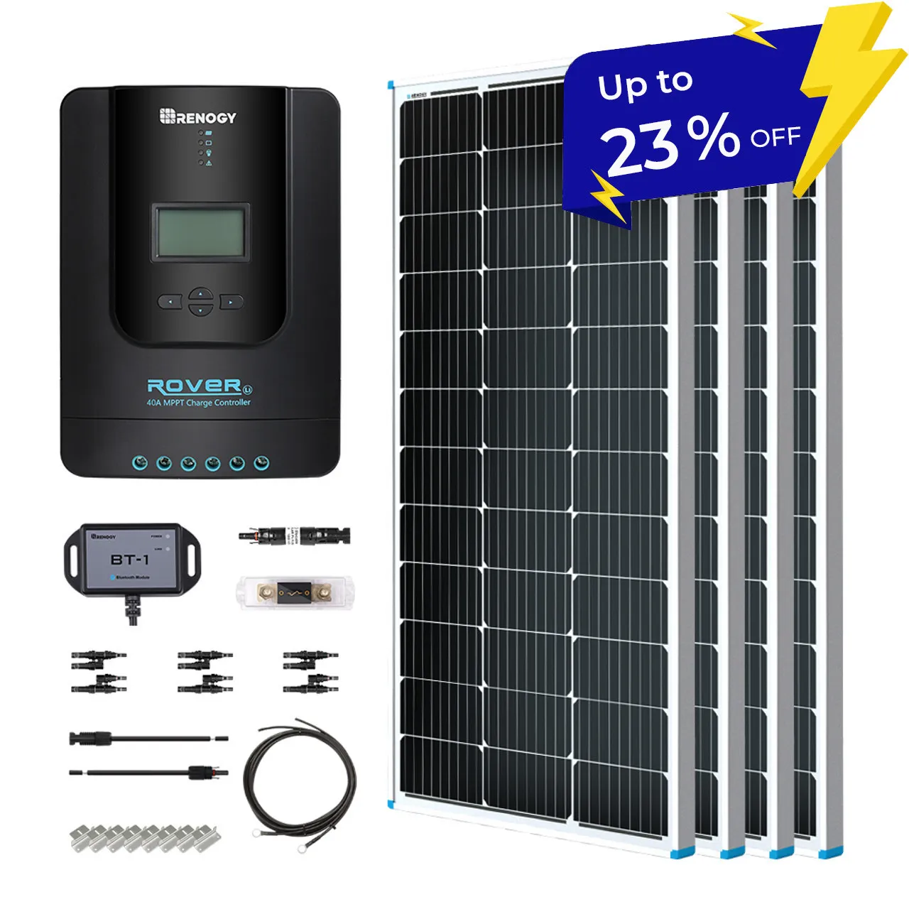 Renogy 400 Watt 12 Volt off Grid Solar Premium Kit with Monocrystalline Solar Panel and 40A MPPT Rover Controller