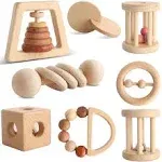 MLYEY Wooden Baby Toy 8pcs, Montessori Toys for Babies 1-3 Years Old, Wooden Rattles Toy Set for Infant Grasping, Sensory Development, Gift for Baby