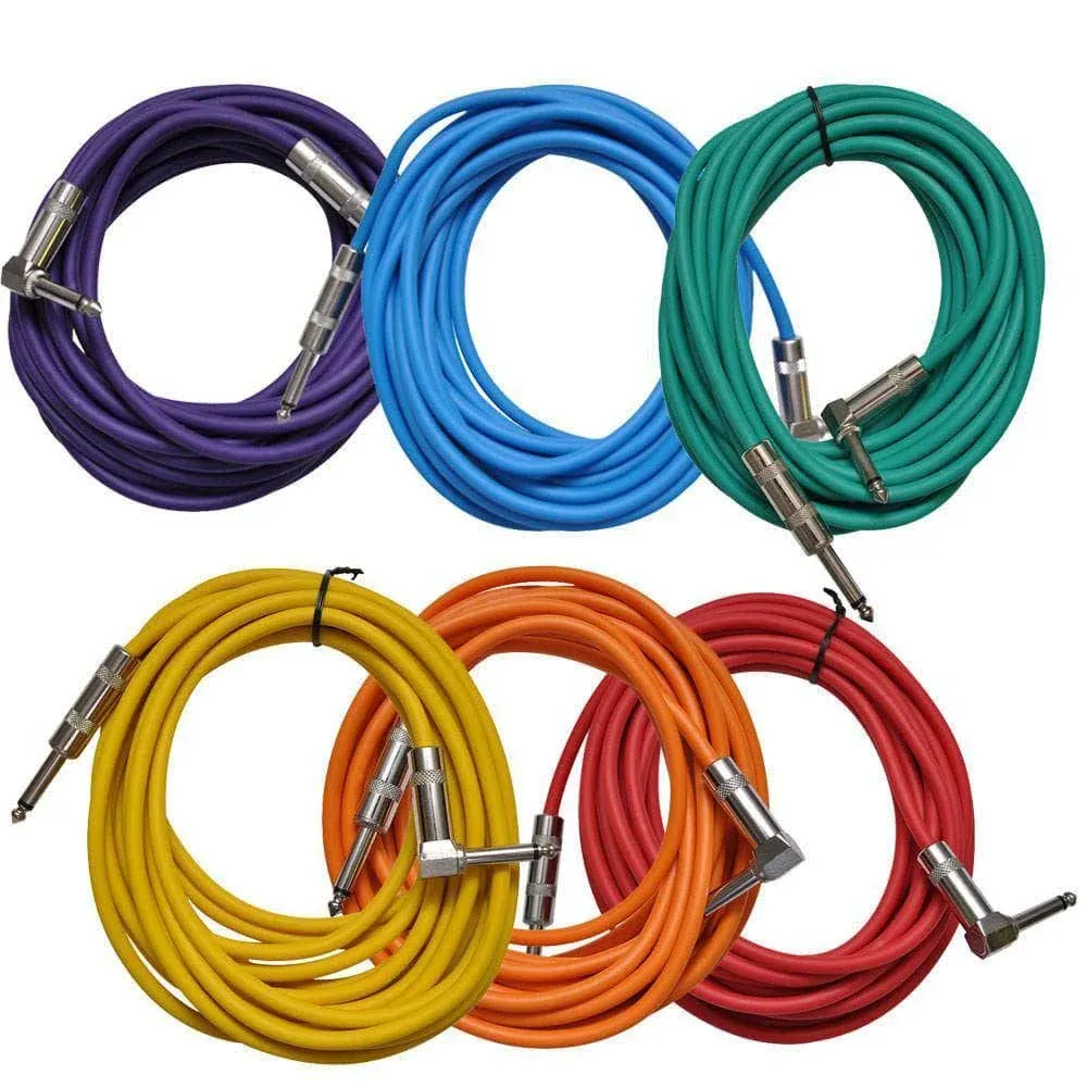 SAGC20R - 6 Pack of Colored 20 Foot Right Angle to Straight Guitar Cables