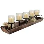 27.5" Rustic Wood Centerpiece Tray With Five Metal Candle Holders, 6-Piece Set