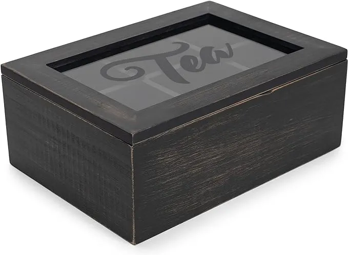 Cottage Garden Tea Black Woodgrain 9 x 6.25 Pine Wood Tea Storage Chest