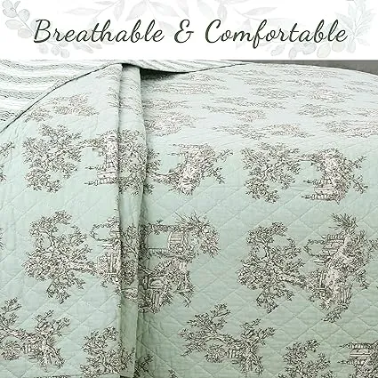 Cozy Line Home Fashions Vintage Cottage Garden Toile Mint Green 100% Cotton Reversible Girl Quilt Bedding Set, Coverlet, Bedspread (Garden Toile, Queen - 3 Piece)