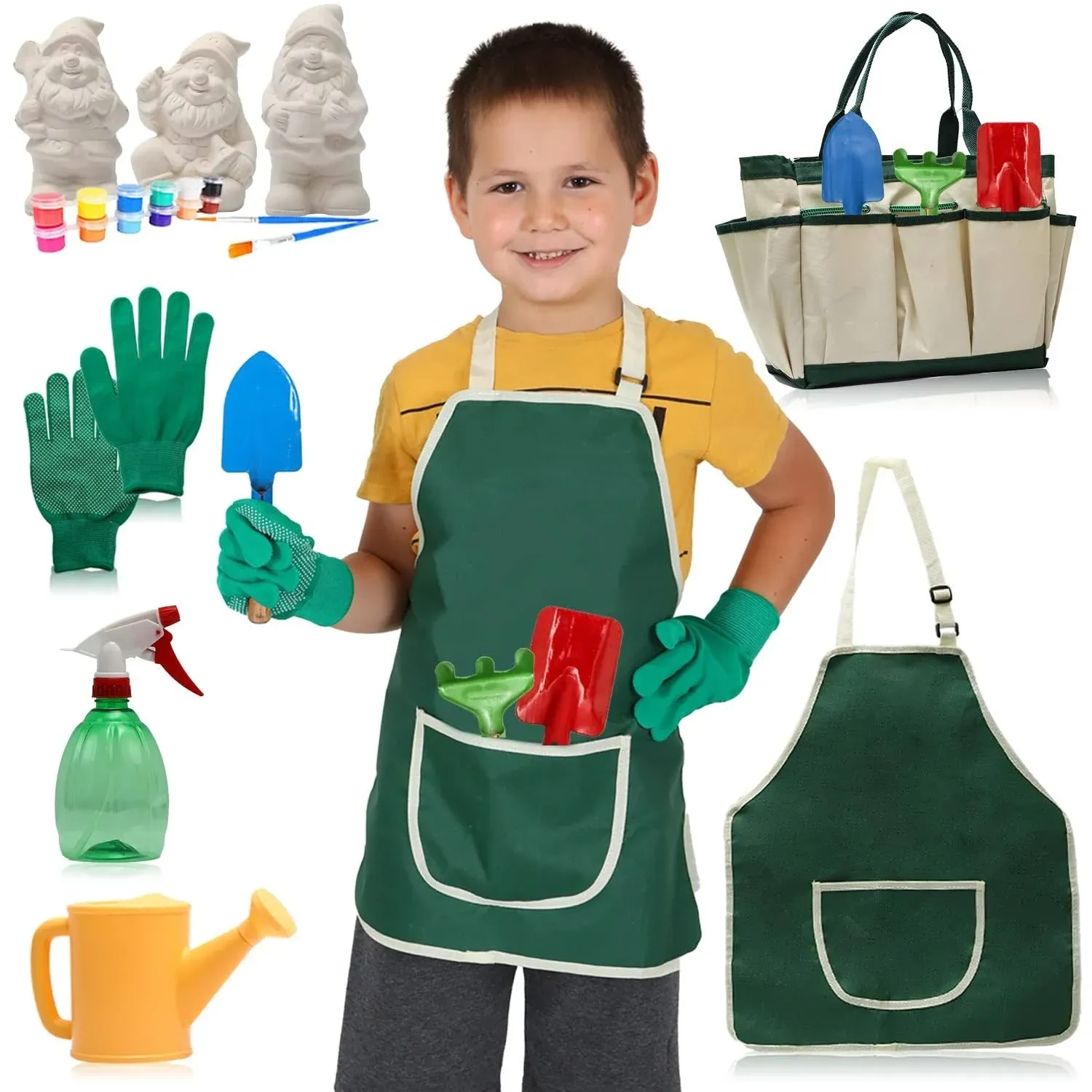 14 Pcs Kids Gardening Set, Kids Garden Tools Bag Include : Metal Rake, Metal Shovel, Metal Trowel, Apron, Carry Bag, Watering Can, Sprayer, Gloves, 3 Gnomes, Paints, Brushes