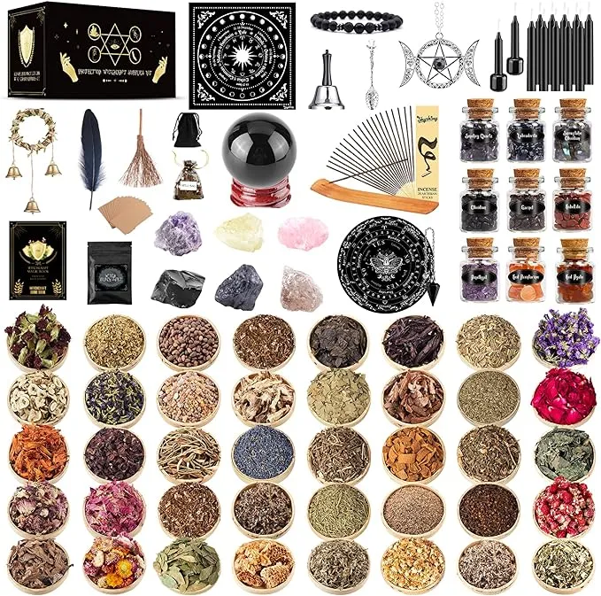 Wiccan Supplies and Tools for Protection, 130Pack Witchcraft Supplies Witchy Gift for Beginners, Dried Herbs, Crystals, Candles, Witch Starter Spell Kit