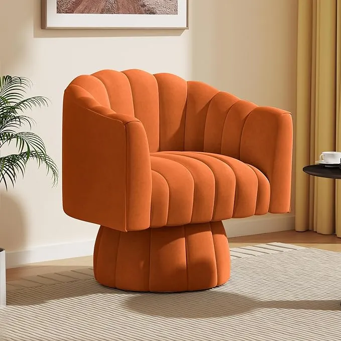 Dewhut Mid Century 360 Degree Swivel Cuddle Barrel Accent Sofa Chairs, Round Armchairs with Wide Upholstered, Fluffy Velvet Fabric Chair for Living Room, Bedroom, Office, Waiting Rooms, (Orange)